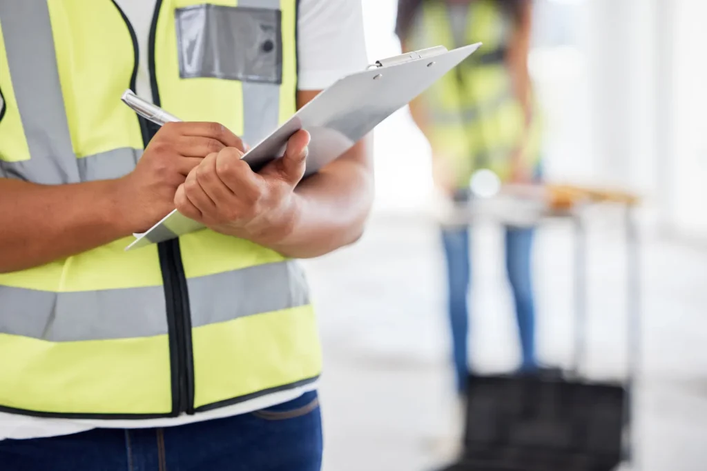 Contractor reviewing an inspection checklist on a clipboard
